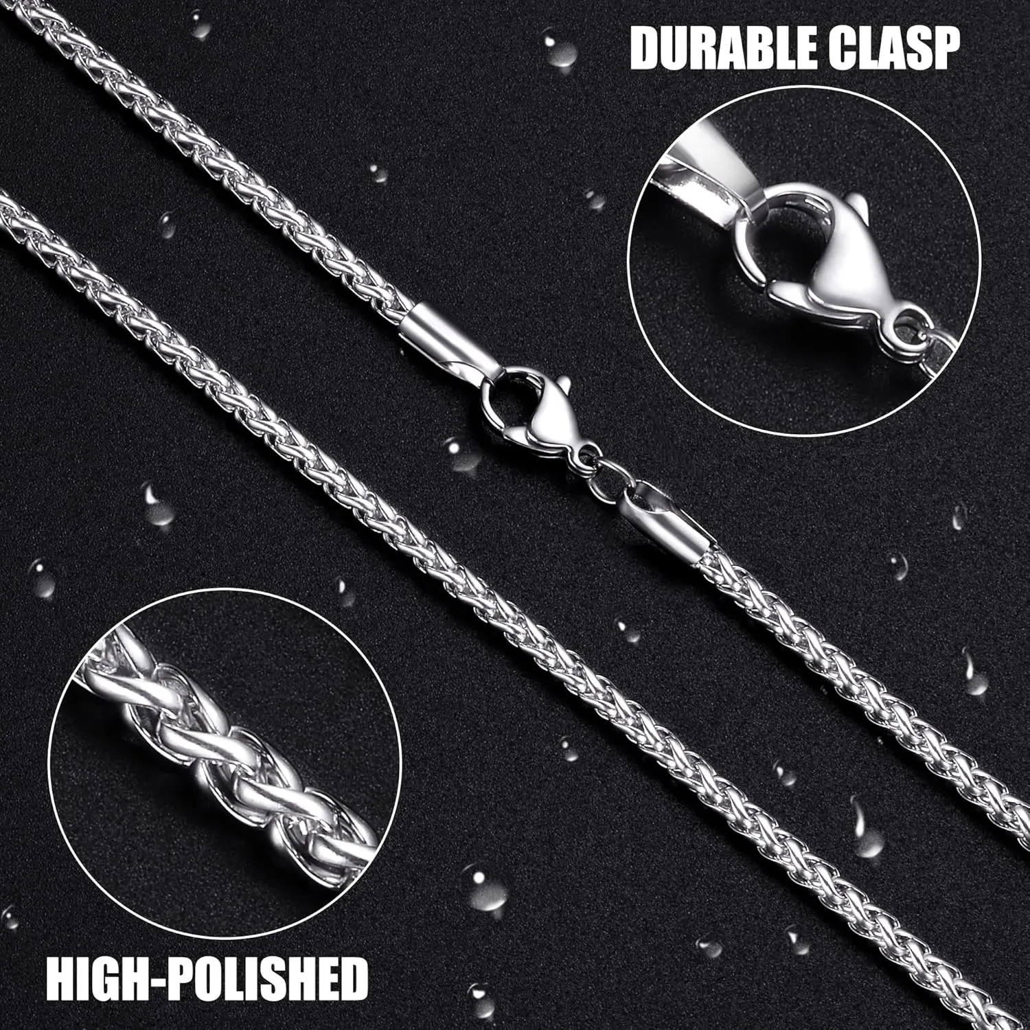 Fiusem Father's Day Gifts Wheat Chains for Men and Women, 2/2.5/3/4/5mm Silver Tone Necklace Chain, Stainless Steel Mens Necklace 16-28 Inch