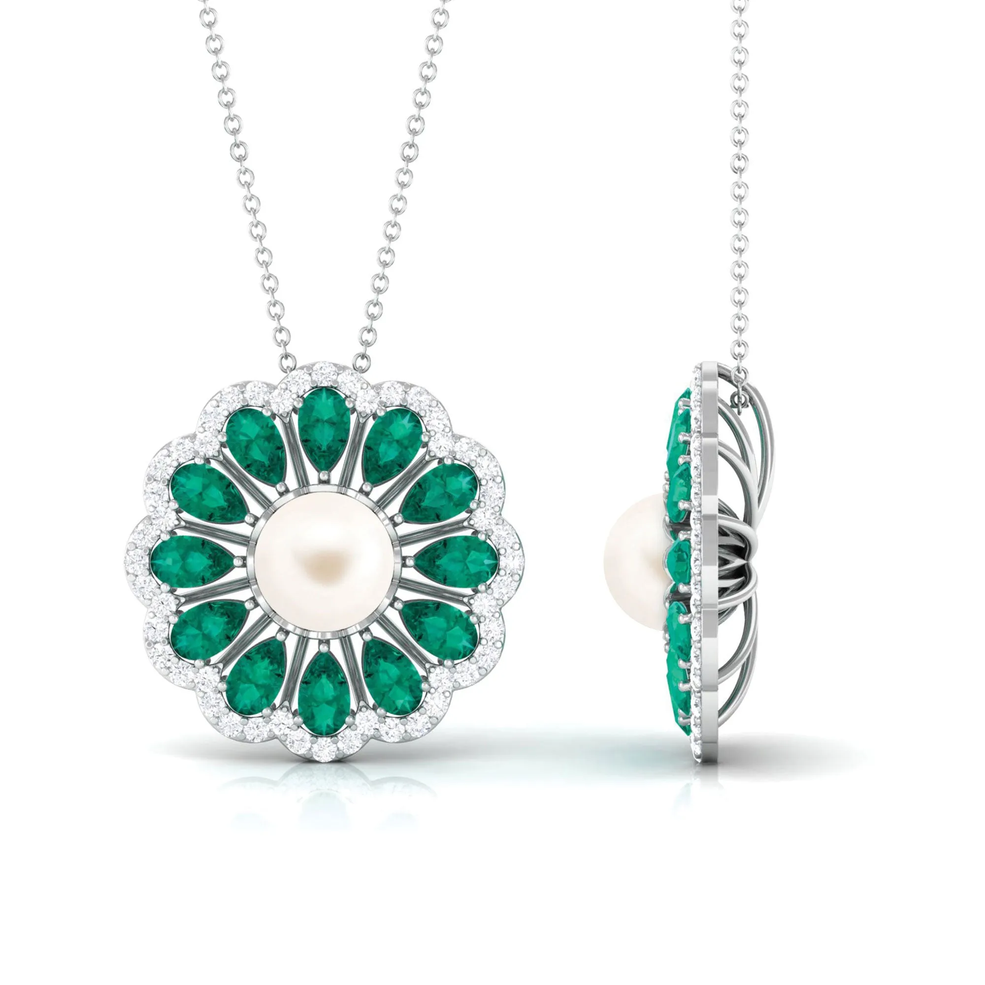 Freshwater Pearl Flower Pendant Necklace with Emerald and Diamond