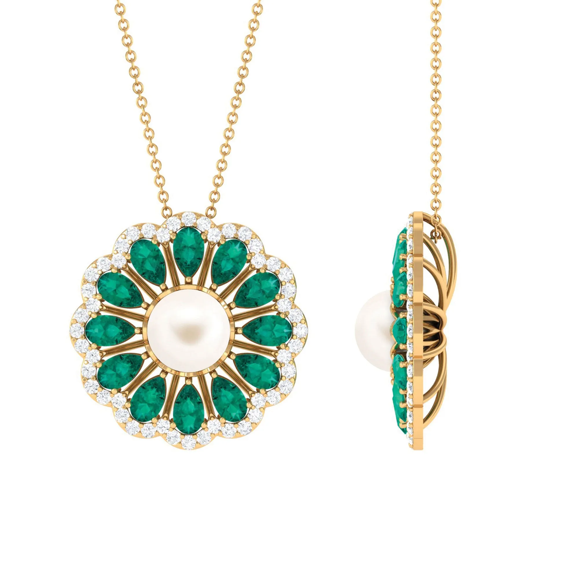 Freshwater Pearl Flower Pendant Necklace with Emerald and Diamond