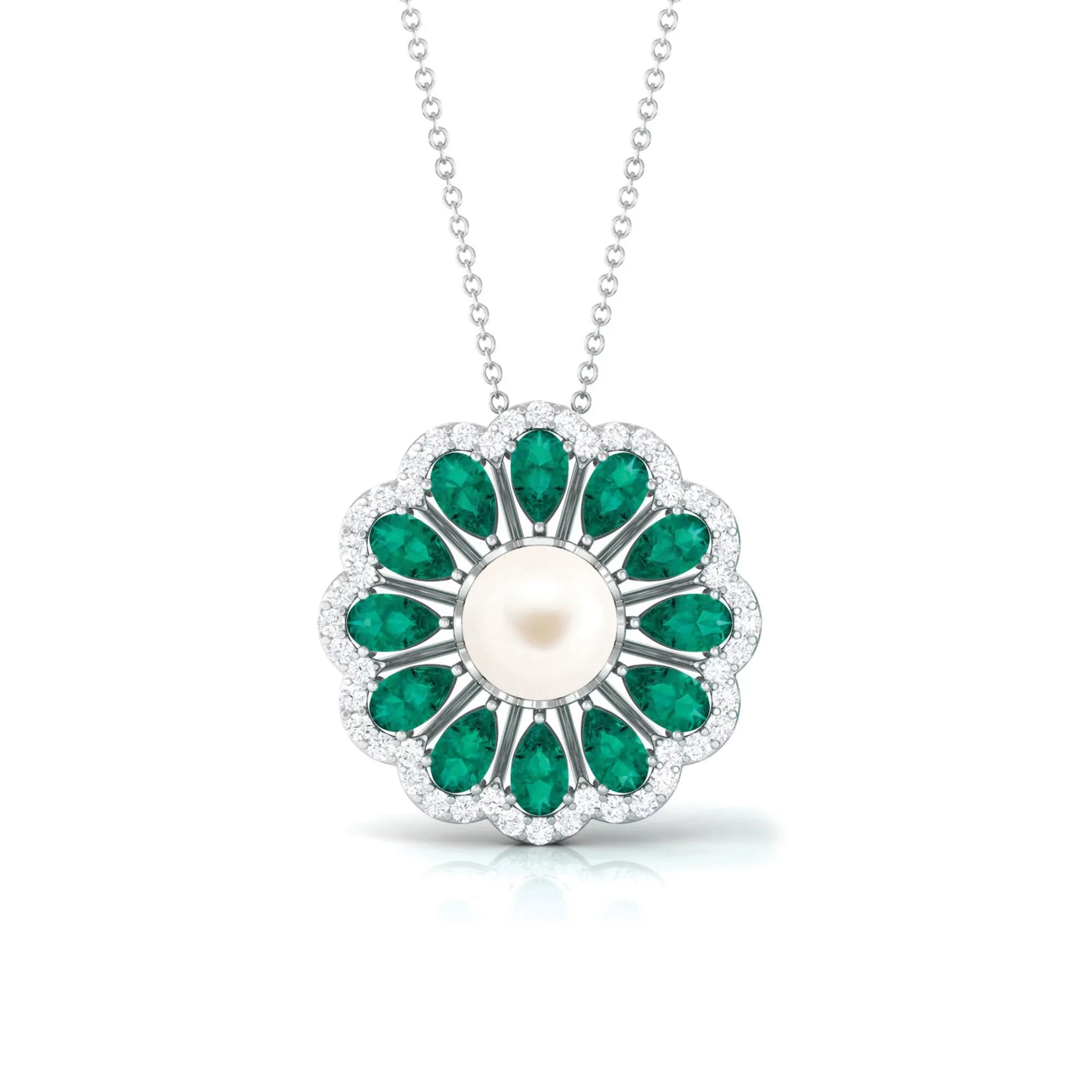 Freshwater Pearl Flower Pendant Necklace with Emerald and Diamond