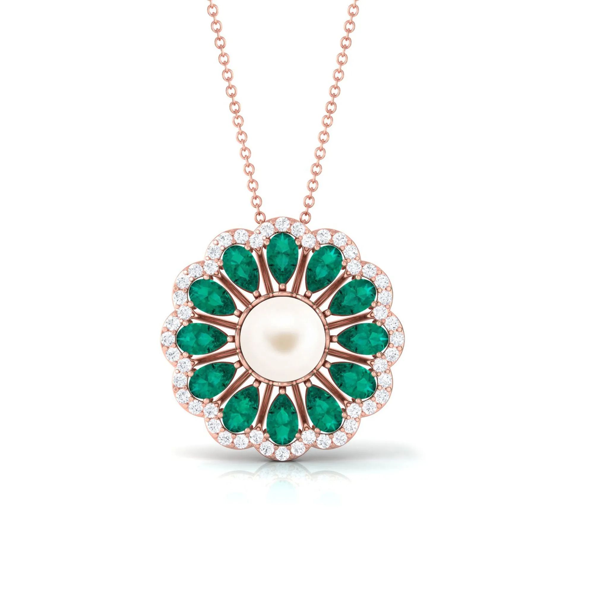 Freshwater Pearl Flower Pendant Necklace with Emerald and Diamond