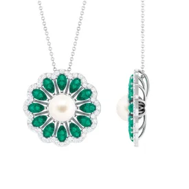 Freshwater Pearl Flower Pendant Necklace with Emerald and Diamond