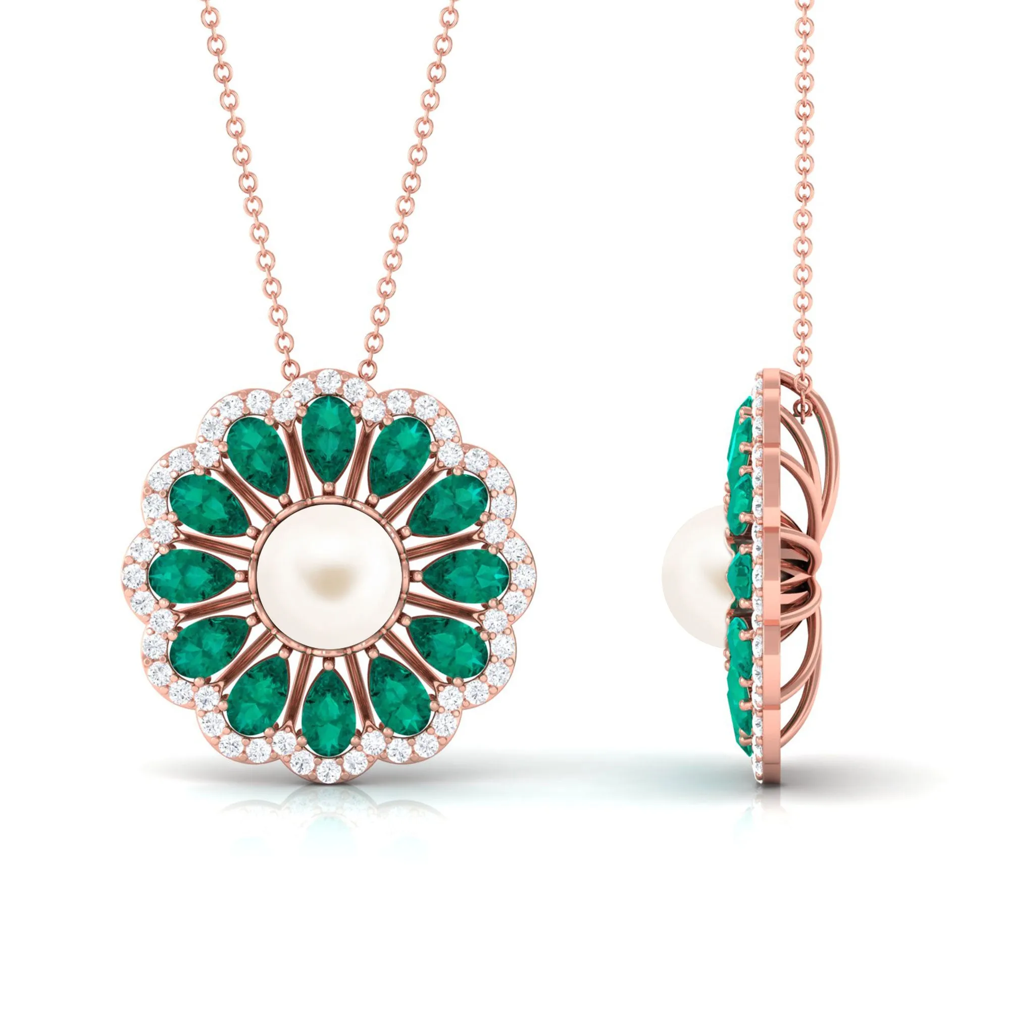 Freshwater Pearl Flower Pendant Necklace with Emerald and Diamond