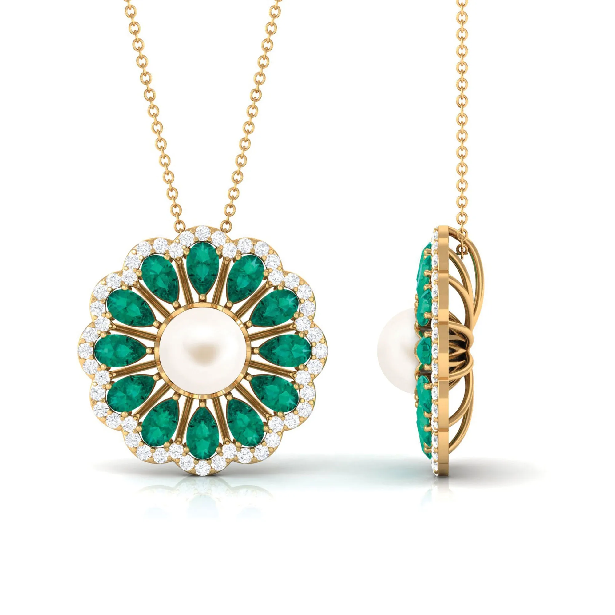 Freshwater Pearl Flower Pendant Necklace with Emerald and Diamond