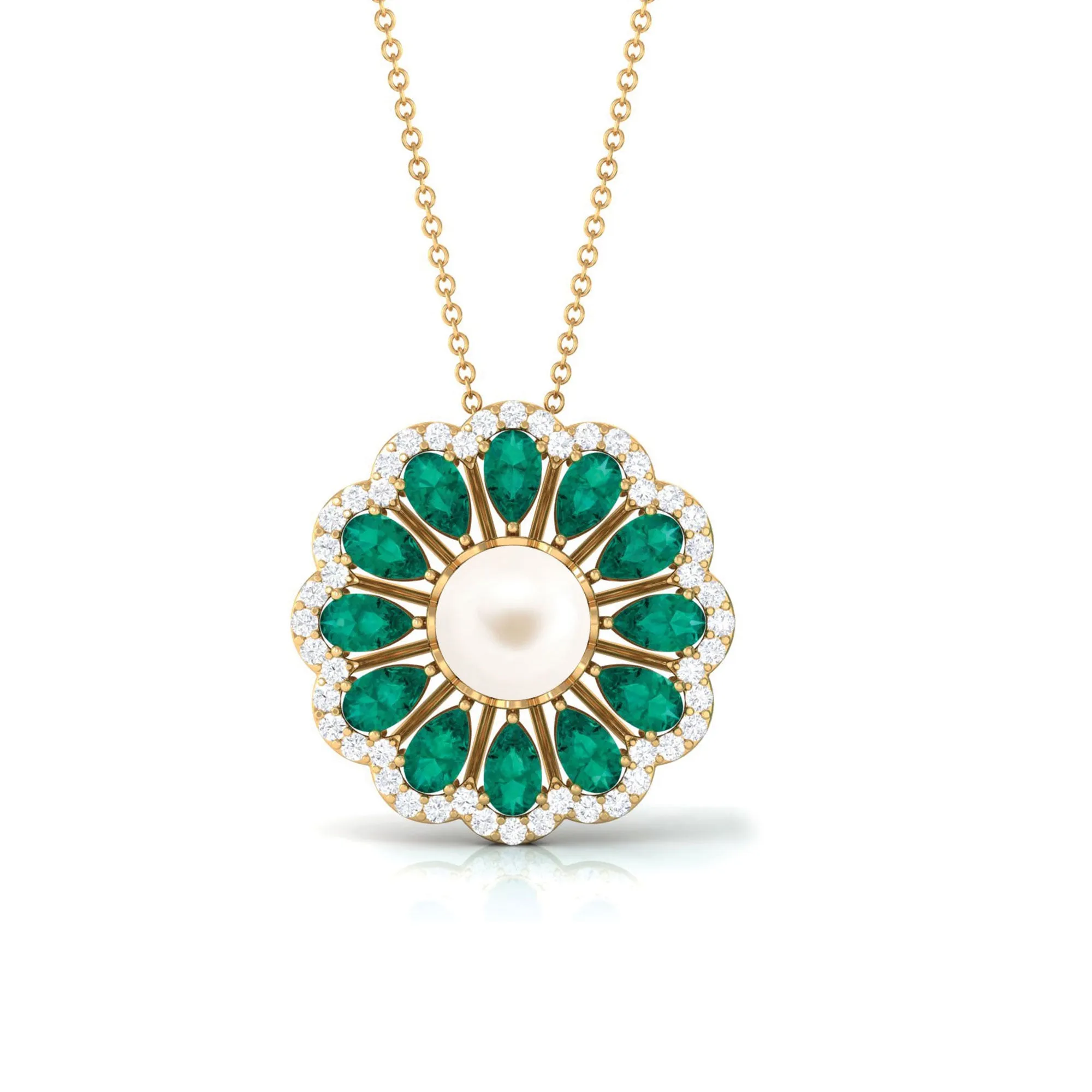 Freshwater Pearl Flower Pendant Necklace with Emerald and Diamond