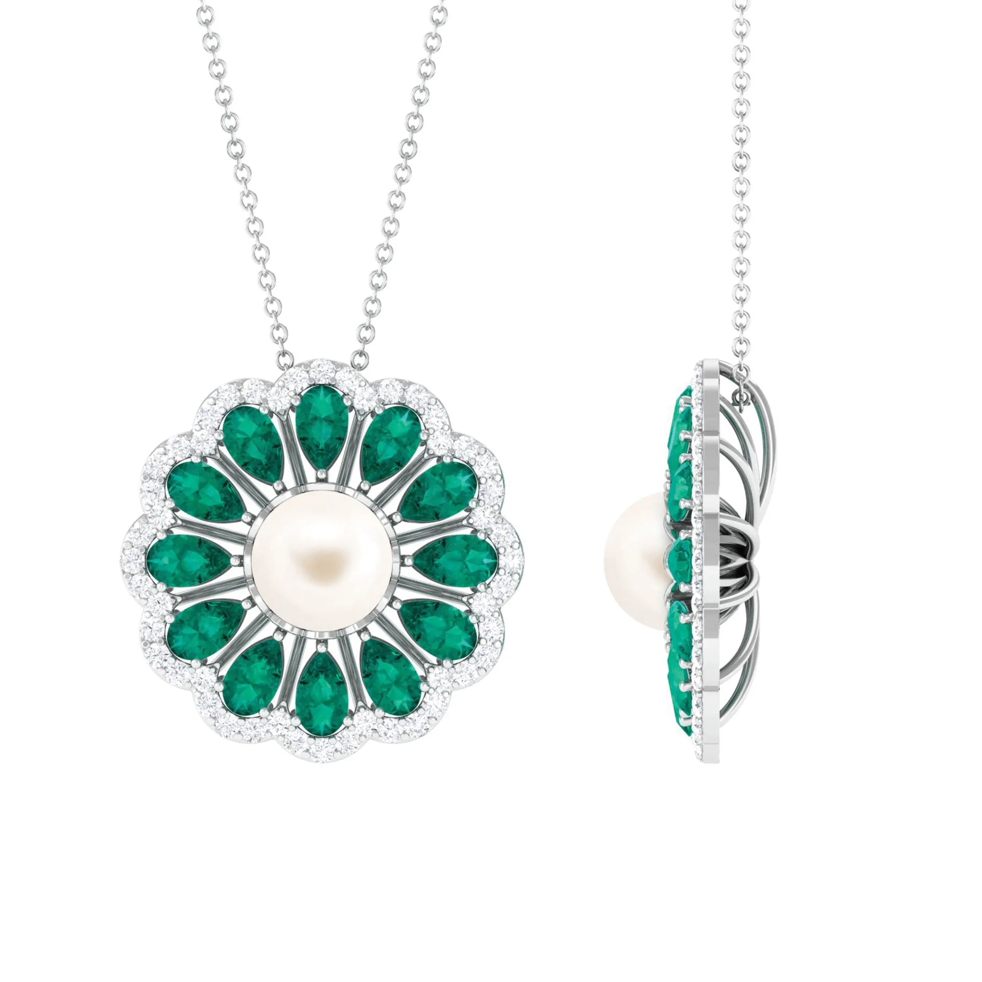 Freshwater Pearl Flower Pendant Necklace with Emerald and Diamond