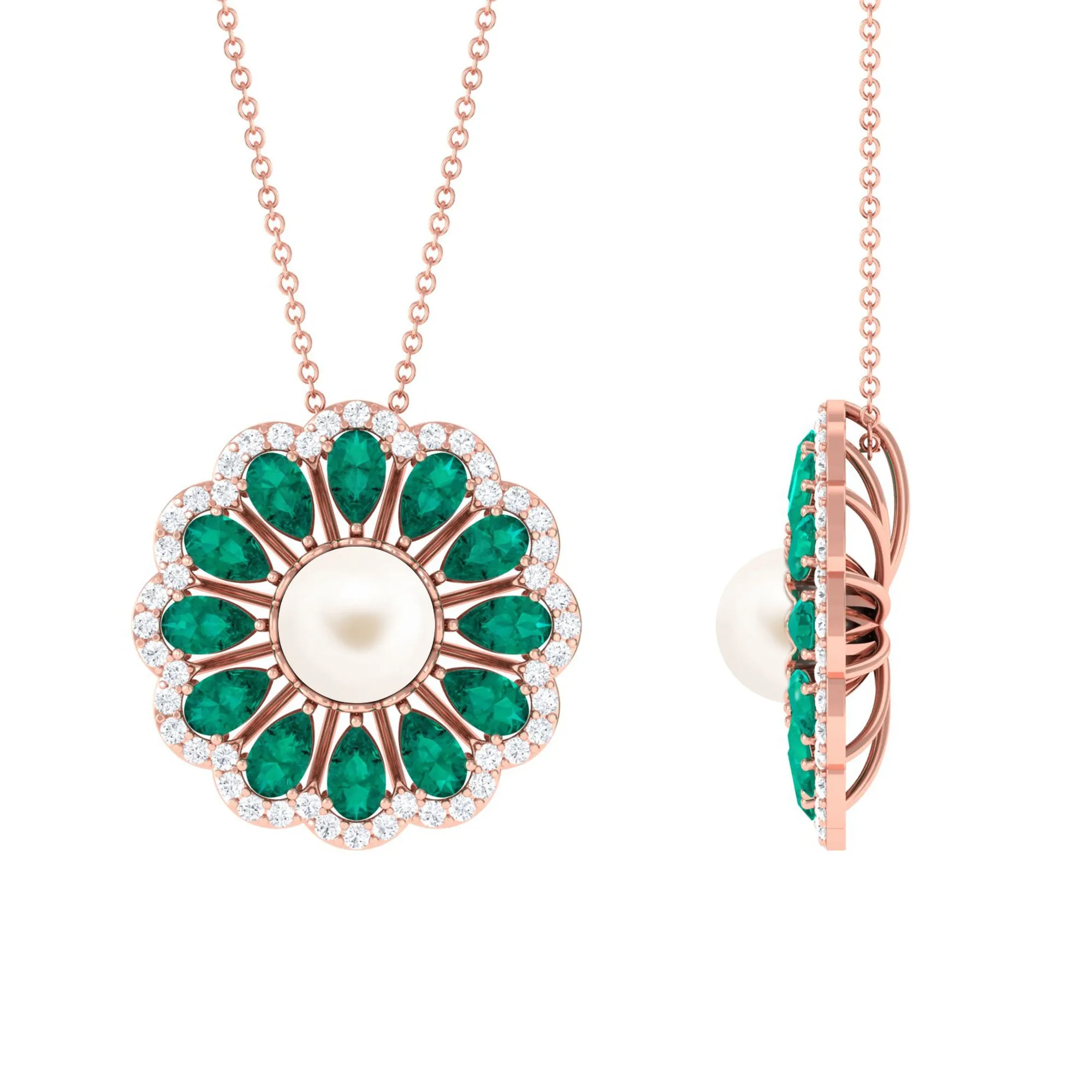 Freshwater Pearl Flower Pendant Necklace with Emerald and Diamond