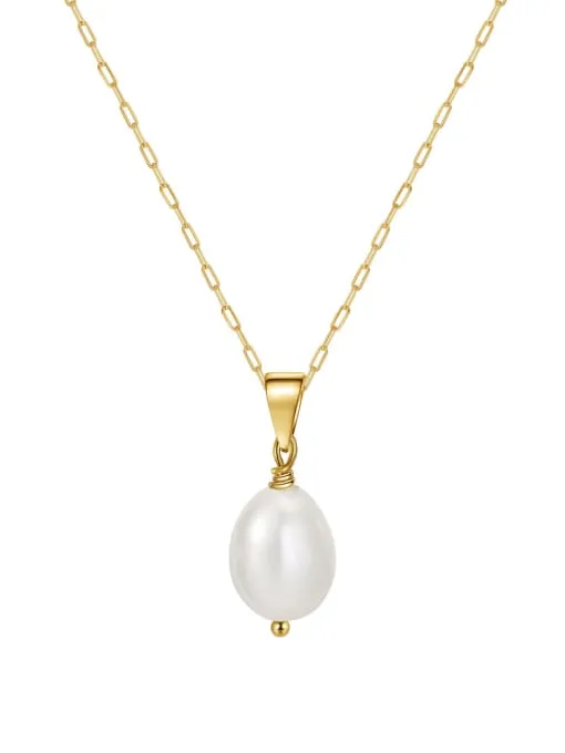 Freshwater Pearl Paper Clip Necklace, 18k Gold Plated .925 Sterling Silver Everyday Dainty Necklace