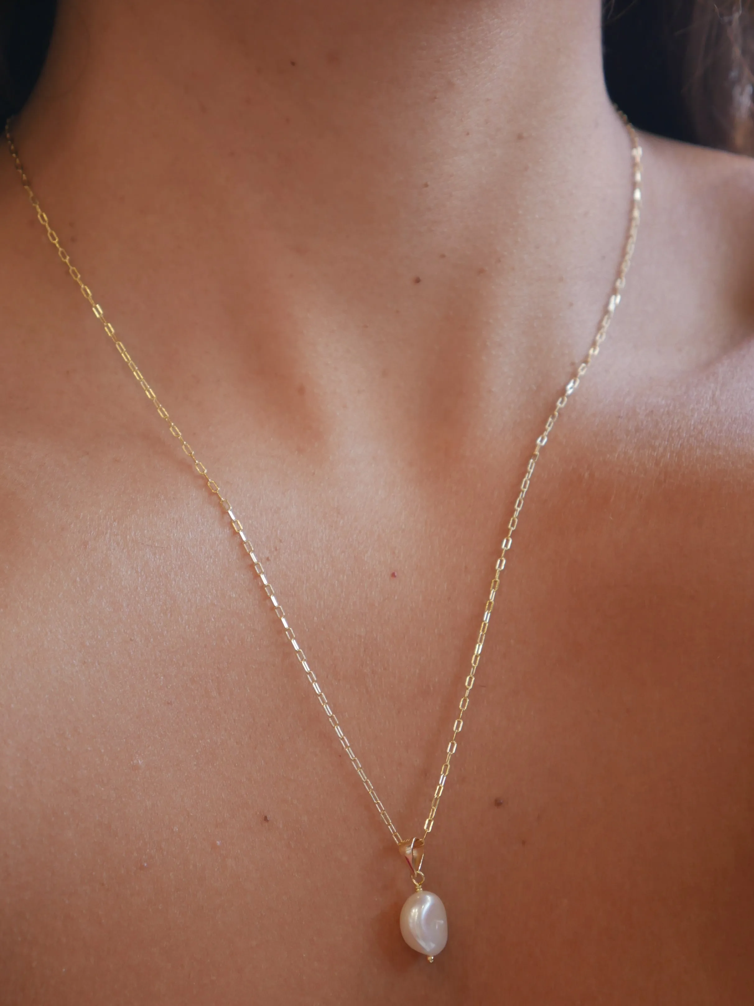 Freshwater Pearl Paper Clip Necklace, 18k Gold Plated .925 Sterling Silver Everyday Dainty Necklace