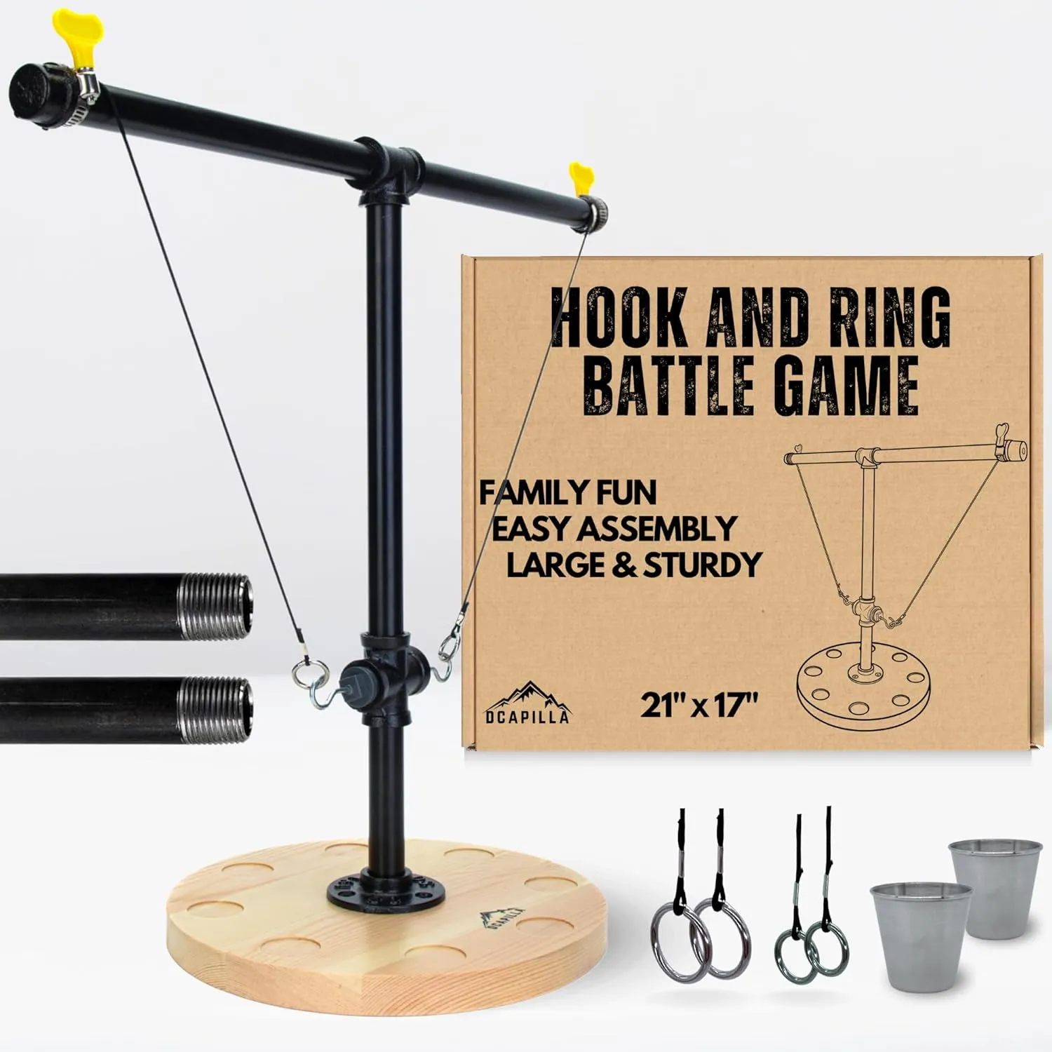 Hook and Ring Battle Game - Large 21x17 Ring Swing Hook Game Set for All Ages - Table Top Ring Hook Game Includes Scoring Ladder and Shot Glasses