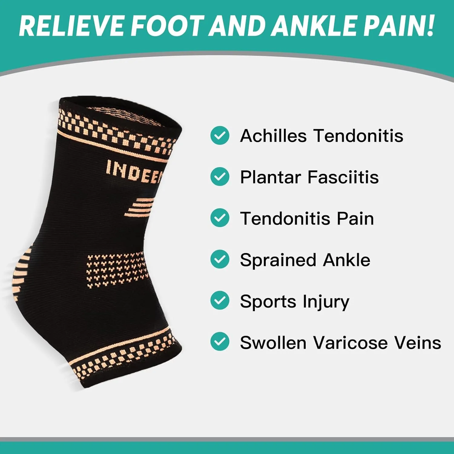 INDEEMAX Copper Ankle Brace for Women Men, Copper Infused Ankle Compression Support Sleeve for Plantar Fasciitis, Sprained Ankle, Football, Running, Daytime or Night Use (M)