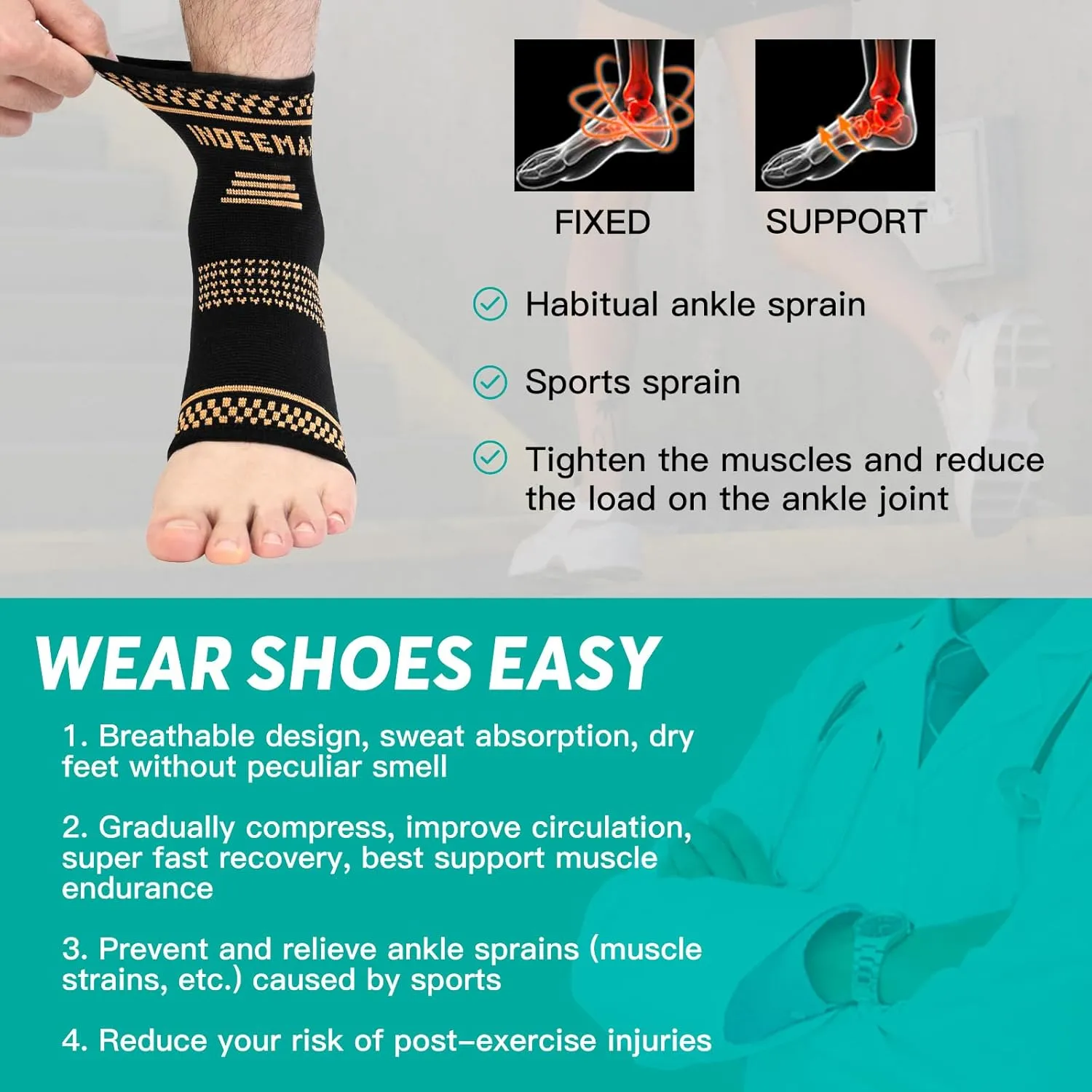 INDEEMAX Copper Ankle Brace for Women Men, Copper Infused Ankle Compression Support Sleeve for Plantar Fasciitis, Sprained Ankle, Football, Running, Daytime or Night Use (M)