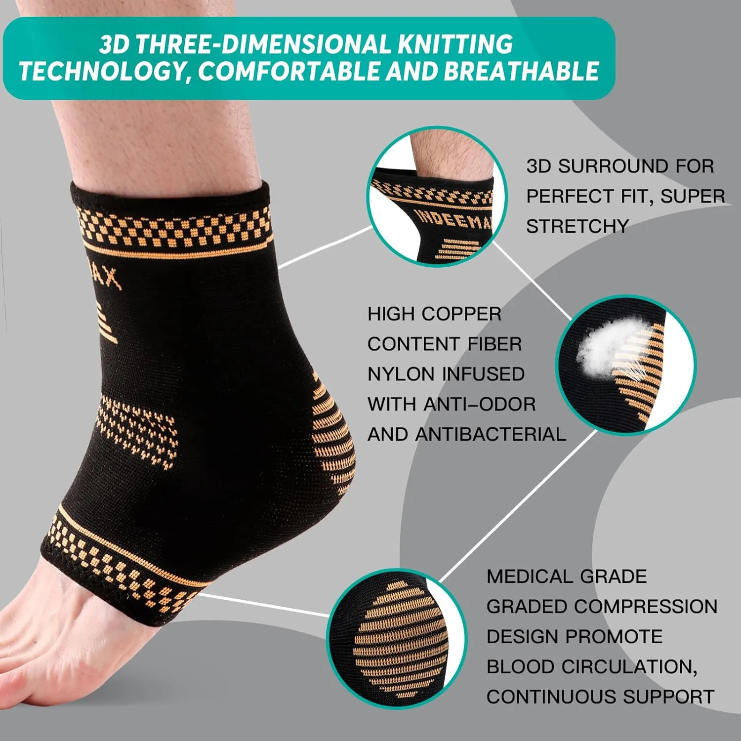 INDEEMAX Copper Ankle Brace for Women Men, Copper Infused Ankle Compression Support Sleeve for Plantar Fasciitis, Sprained Ankle, Football, Running, Daytime or Night Use (M)