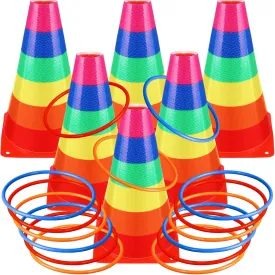 Leitee 6 Sets Candy Corn Ring Toss Game Plastic Cones Ring Toss Combo Set Mini Traffic Cones Toss Game for Sports Training Garden Backyard Outdoor Activities(Colorful,Carnival Game)