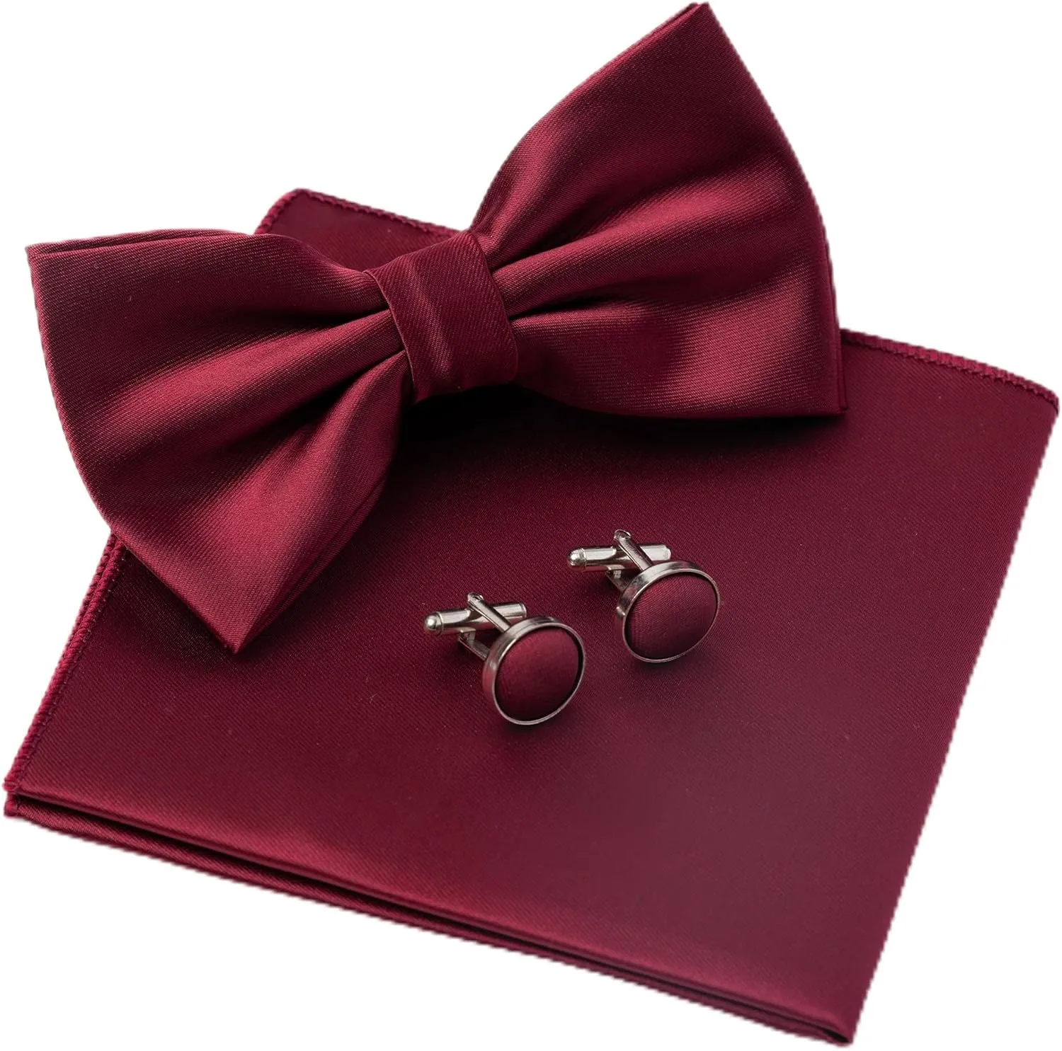 Mens Solid Color Double Fold Pre-tied Bow Tie and Pocket Square Cufflinks Set Formal Tuxedo Bowties for Wedding Party