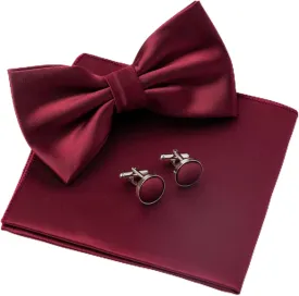 Mens Solid Color Double Fold Pre-tied Bow Tie and Pocket Square Cufflinks Set Formal Tuxedo Bowties for Wedding Party