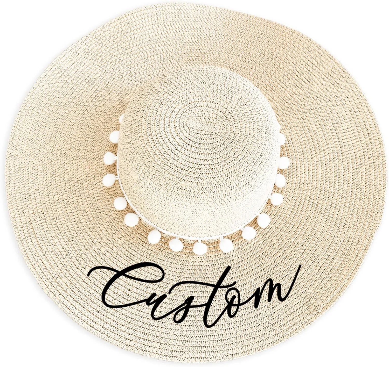 Personalized Beach Hat | Custom Tan Hat with White Poms | Womens Floppy Hat | Mrs Honeymoon Foldable Sun Hat for Bride