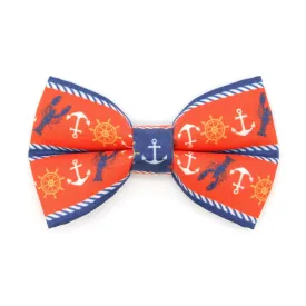 Pet Bow Tie - "Nautical Sunset" - Coral Red Anchor & Lobster Cat Bow / Summrer, Sailing, Preppy / For Cats   Small Dogs (One Size)