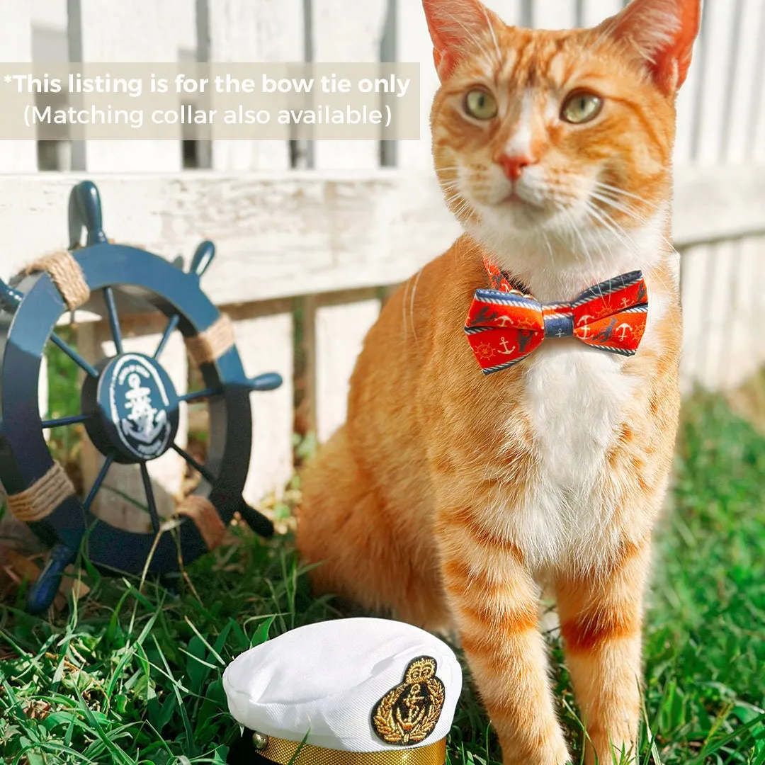 Pet Bow Tie - "Nautical Sunset" - Coral Red Anchor & Lobster Cat Bow / Summrer, Sailing, Preppy / For Cats   Small Dogs (One Size)