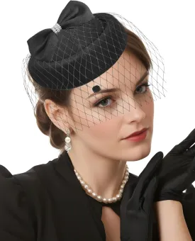 Pillbox Hat with Veil Vintage Fascinators for Women Tea Party Bridal Wedding Halloween First Communion Hats