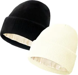 Satin Lined Beanie for Women Winter Warm Soft Lining Cuffed Knit Hats Silk Lined Beanie for Women