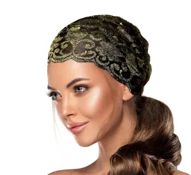 ShariRose Black Gold Lace Headband Stretchy Wide Floral Lace Headband Gold Sparkly (Black Gold Floral)