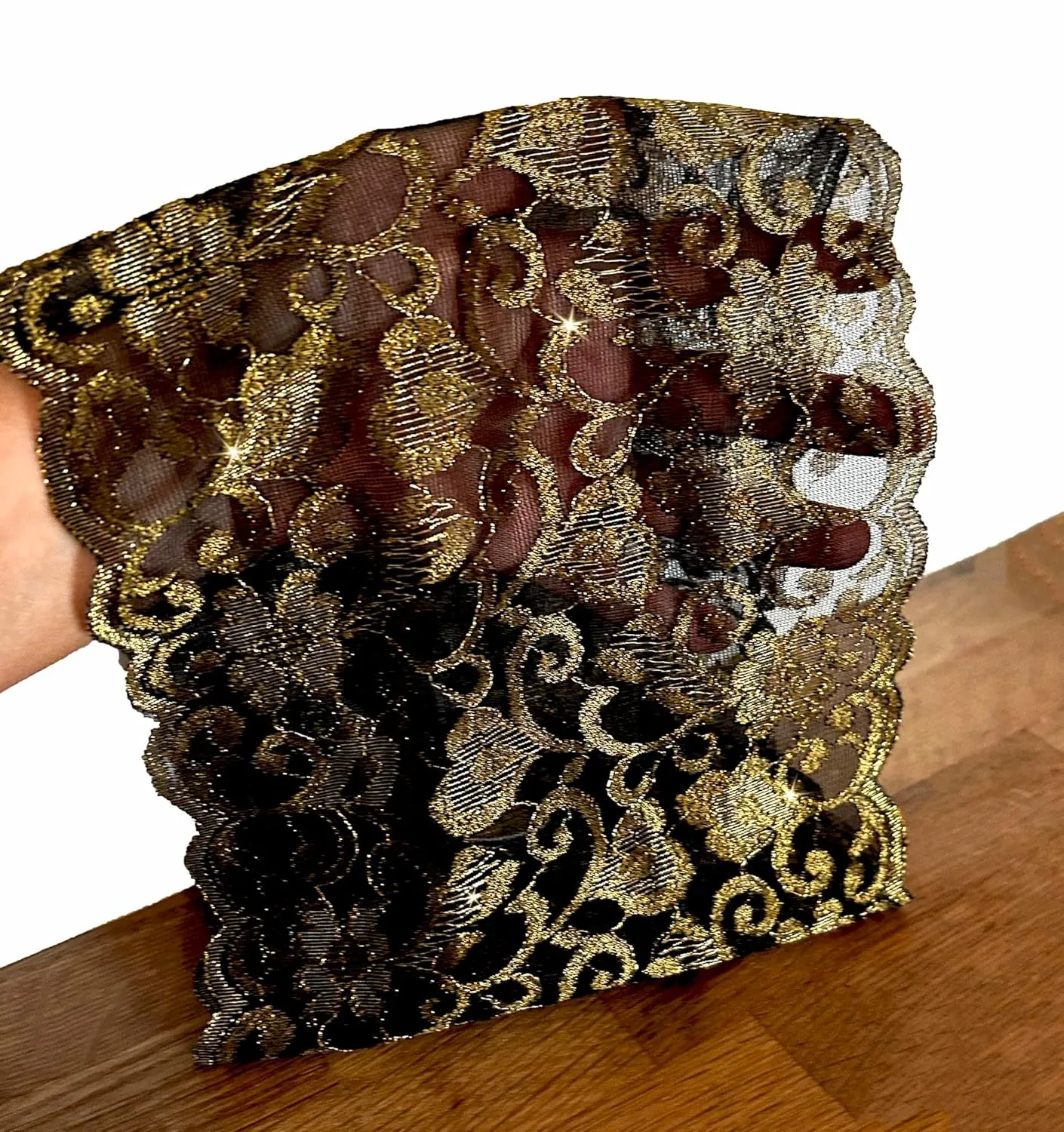 ShariRose Black Gold Lace Headband Stretchy Wide Floral Lace Headband Gold Sparkly (Black Gold Floral)