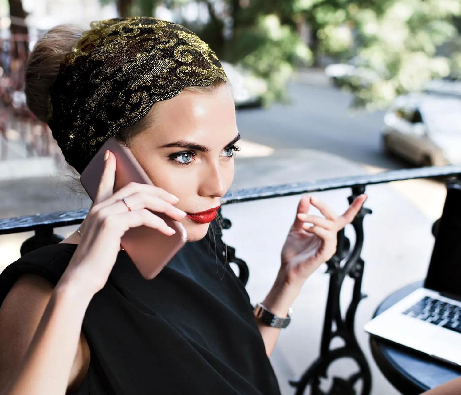 ShariRose Black Gold Lace Headband Stretchy Wide Floral Lace Headband Gold Sparkly (Black Gold Floral)