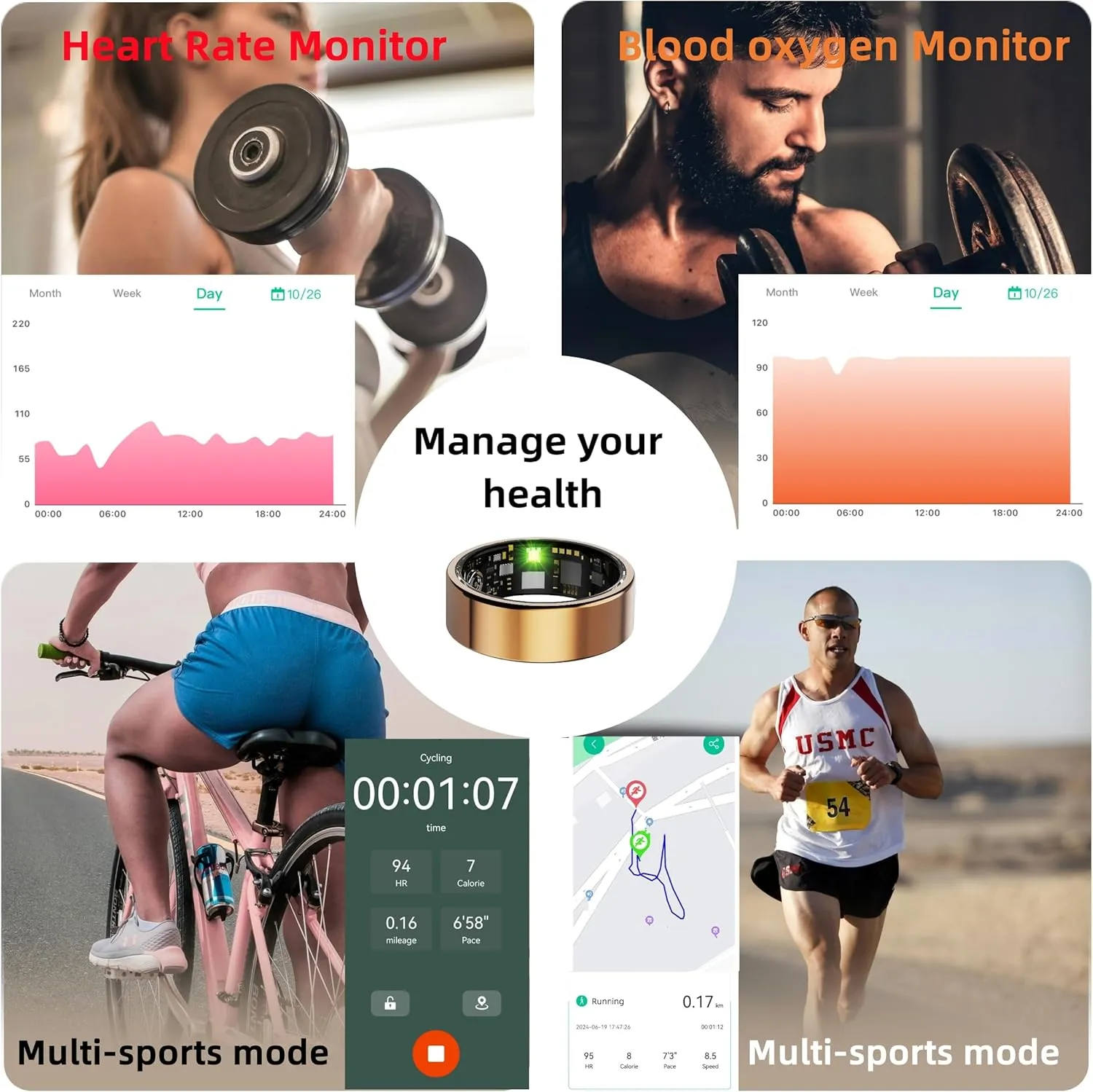 Smart Ring for Women Men, Health Fitness Tracker Rings, IP68 Waterproof, Long Lasting Batteries Sleep Ring with Charging Case and Protector, Remote Photography, No App Fees (Rose Gold, 7#)