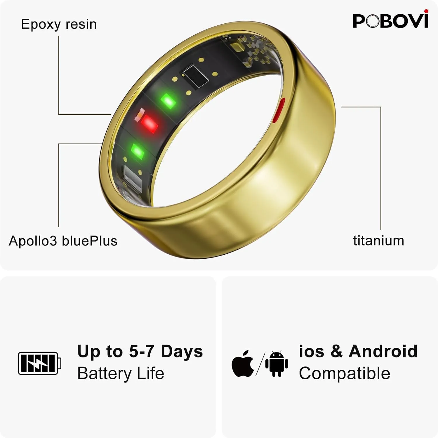Smart Ring for Women Men- Sleep/Fitness/Stress/Heart Rate Tracker- Menstrual Records - 7 Days Battery Life - Wireless Charging - No APP Subscription - iOS & Android Compatible (Gold, Size 7)