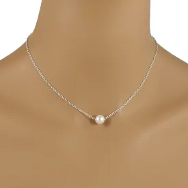 Sterling Silver Single Floating Pearl Necklace, One Pearl Necklace