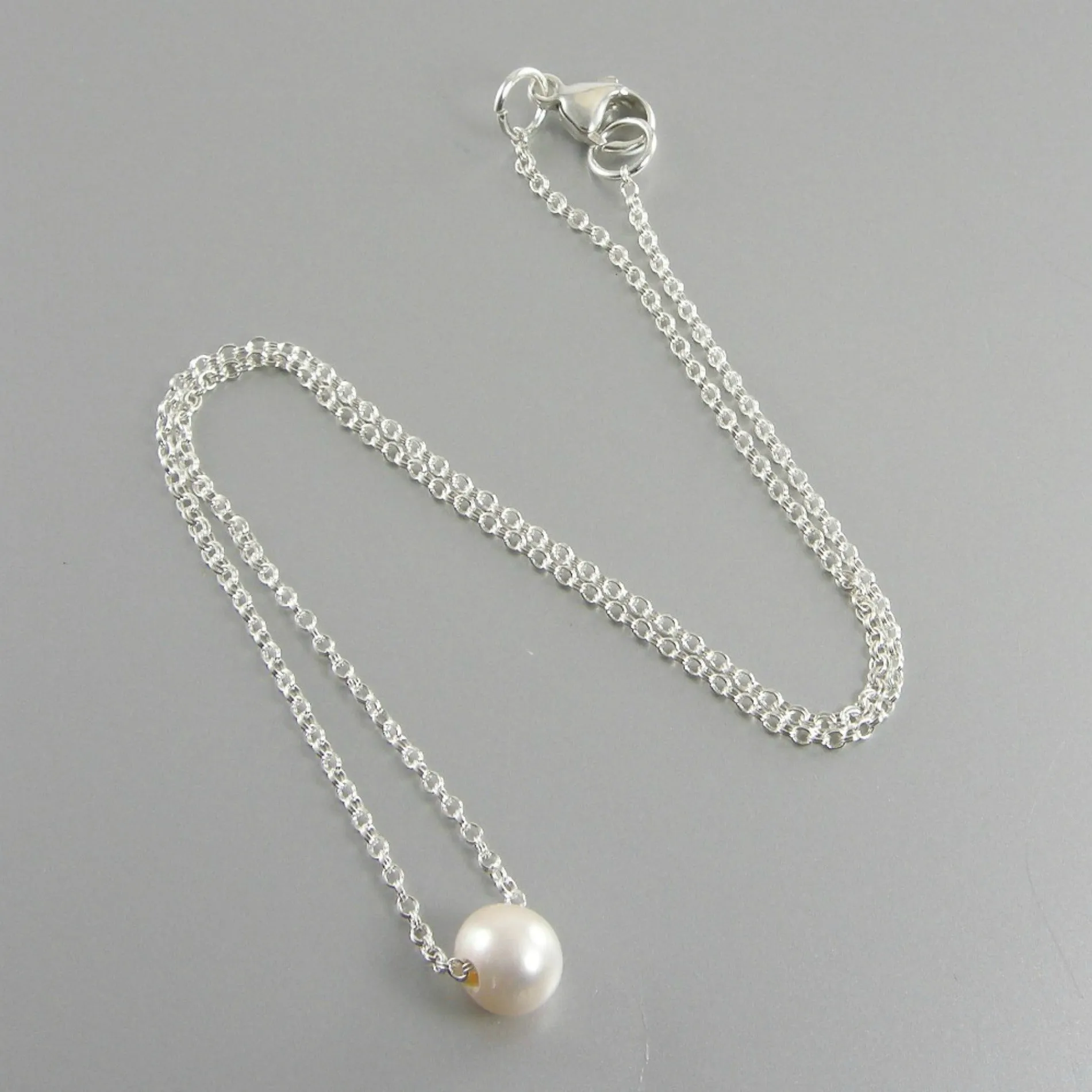 Sterling Silver Single Floating Pearl Necklace, One Pearl Necklace