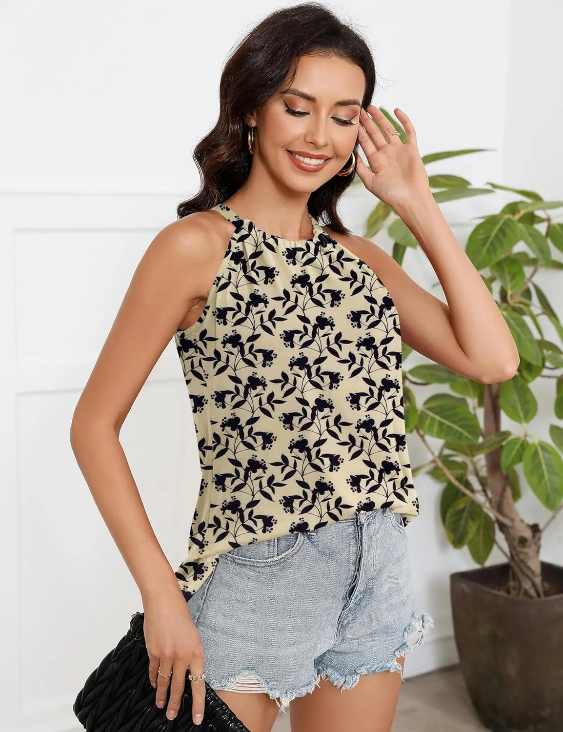 Summer Halter Tank Tops for Women Loose Fit Pleated Tie Back Sleeveless Tops Casual