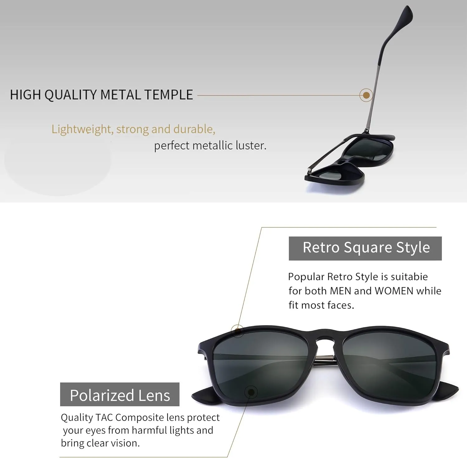 SUNGAIT Fashion Sunglasses for Men Women Retro Style Square Sun Glasses UV400