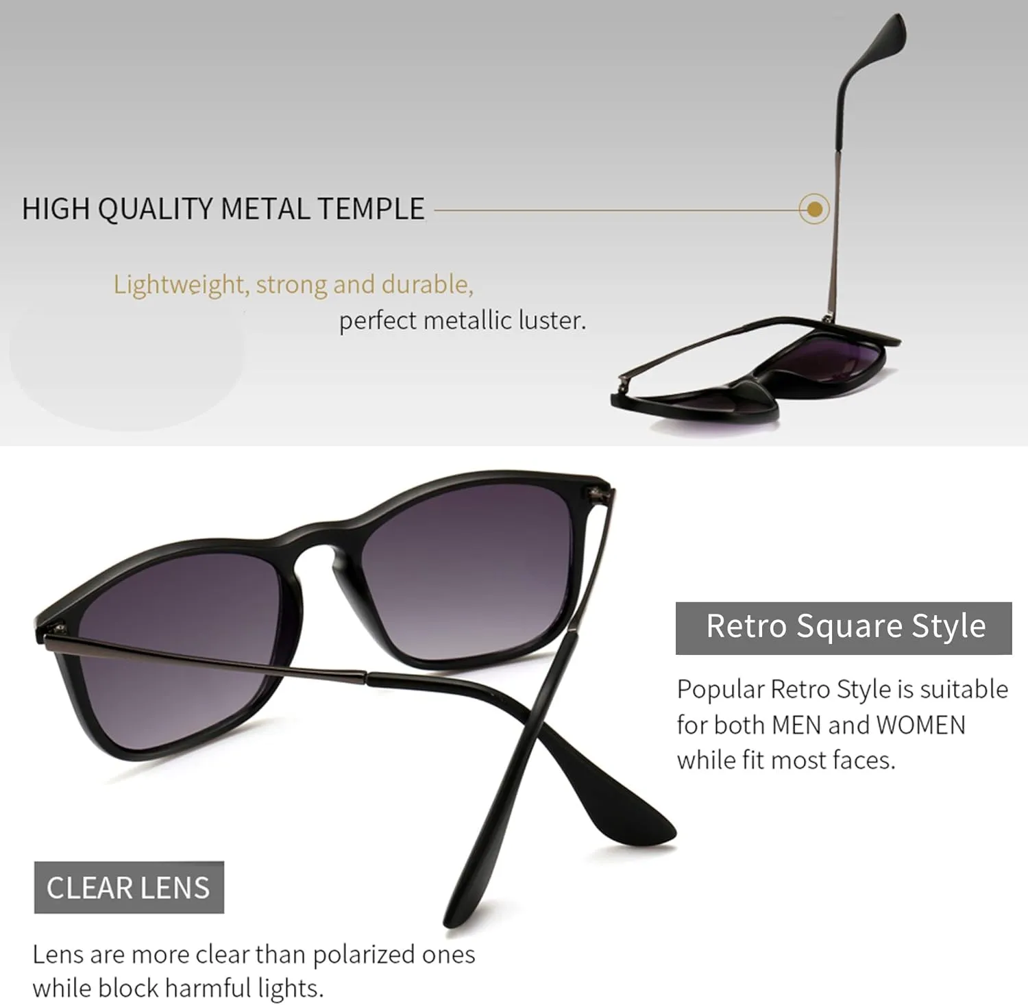 SUNGAIT Fashion Sunglasses for Men Women Retro Style Square Sun Glasses UV400