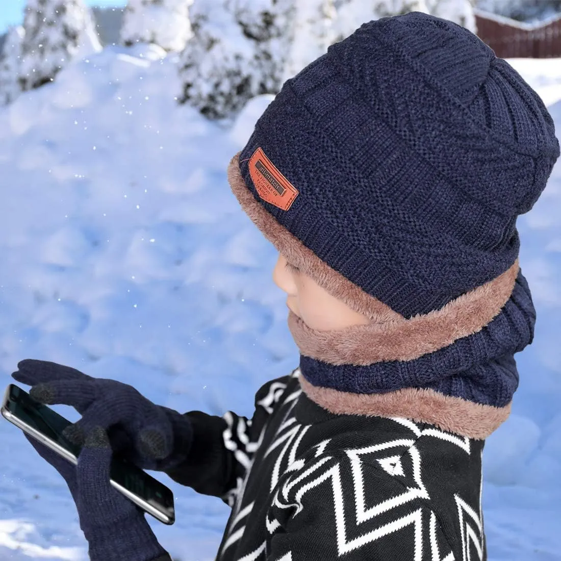 T WILKER 3Pcs Winter Hats Neck Warmer Scarf and Touch Screen Gloves Set for Kids