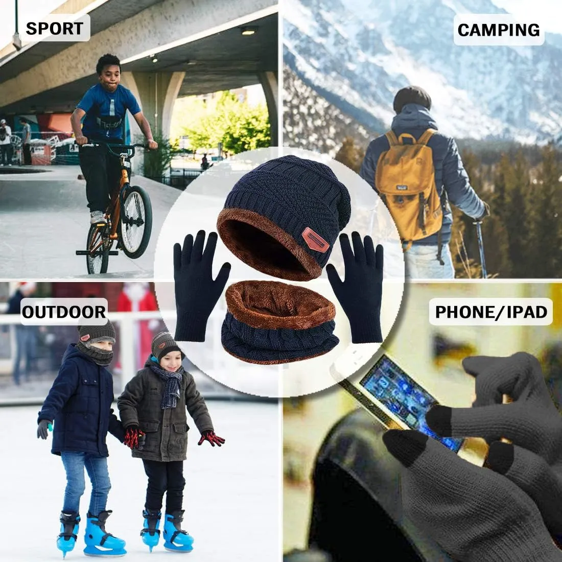 T WILKER 3Pcs Winter Hats Neck Warmer Scarf and Touch Screen Gloves Set for Kids