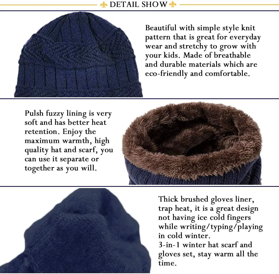 T WILKER 3Pcs Winter Hats Neck Warmer Scarf and Touch Screen Gloves Set for Kids