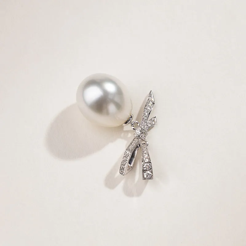 Teardrop South Sea Pearl 18k Gold Diamond Bow Pendant Necklace