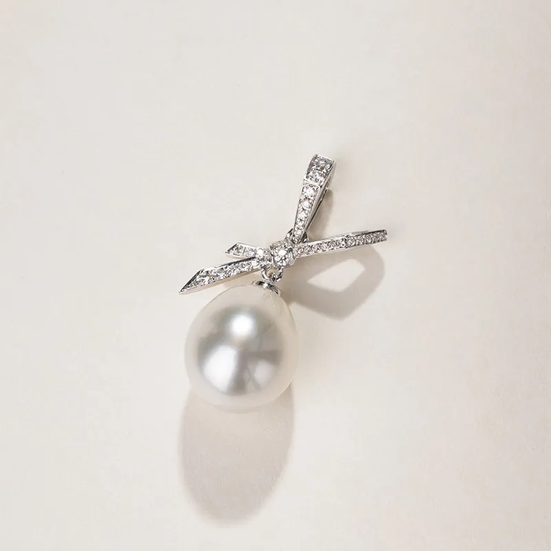Teardrop South Sea Pearl 18k Gold Diamond Bow Pendant Necklace
