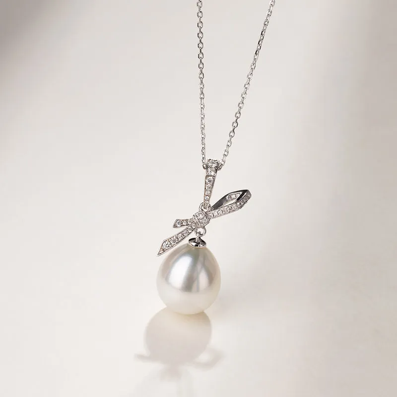 Teardrop South Sea Pearl 18k Gold Diamond Bow Pendant Necklace