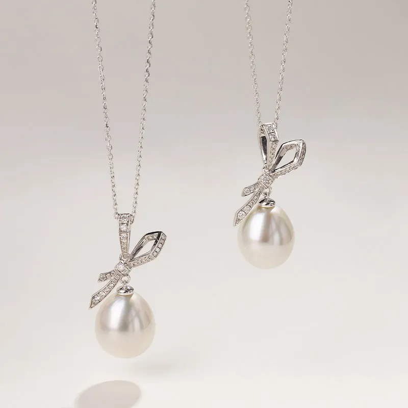 Teardrop South Sea Pearl 18k Gold Diamond Bow Pendant Necklace