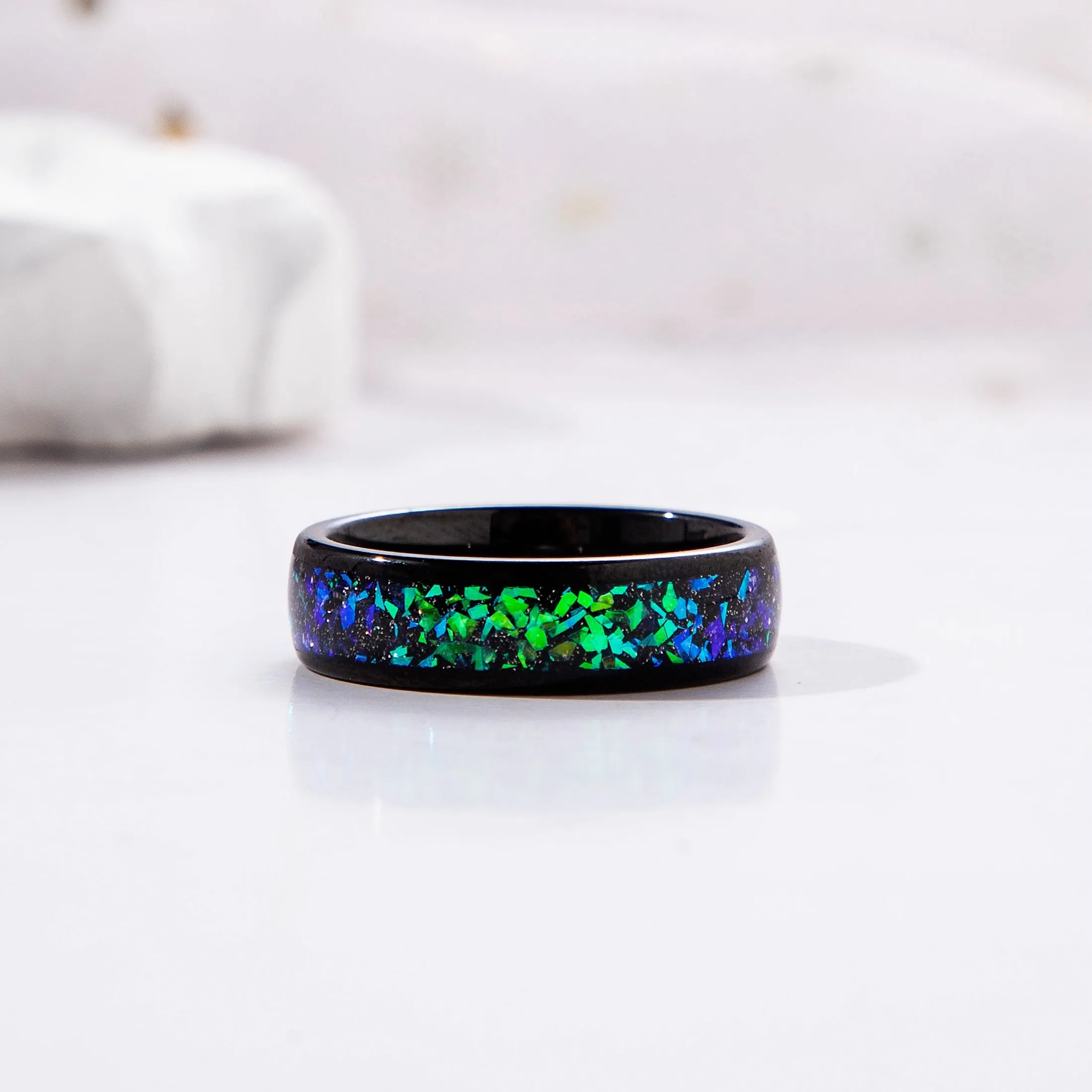 The Cosmira - Black Sandstone & Crushed Opal Meteorite Couple Ring Set