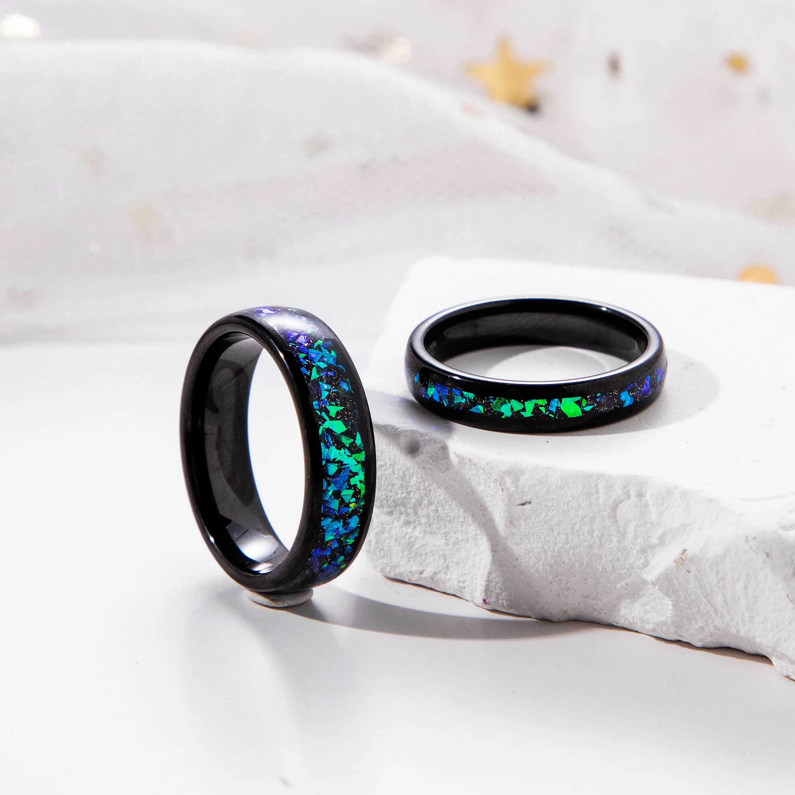 The Cosmira - Black Sandstone & Crushed Opal Meteorite Couple Ring Set