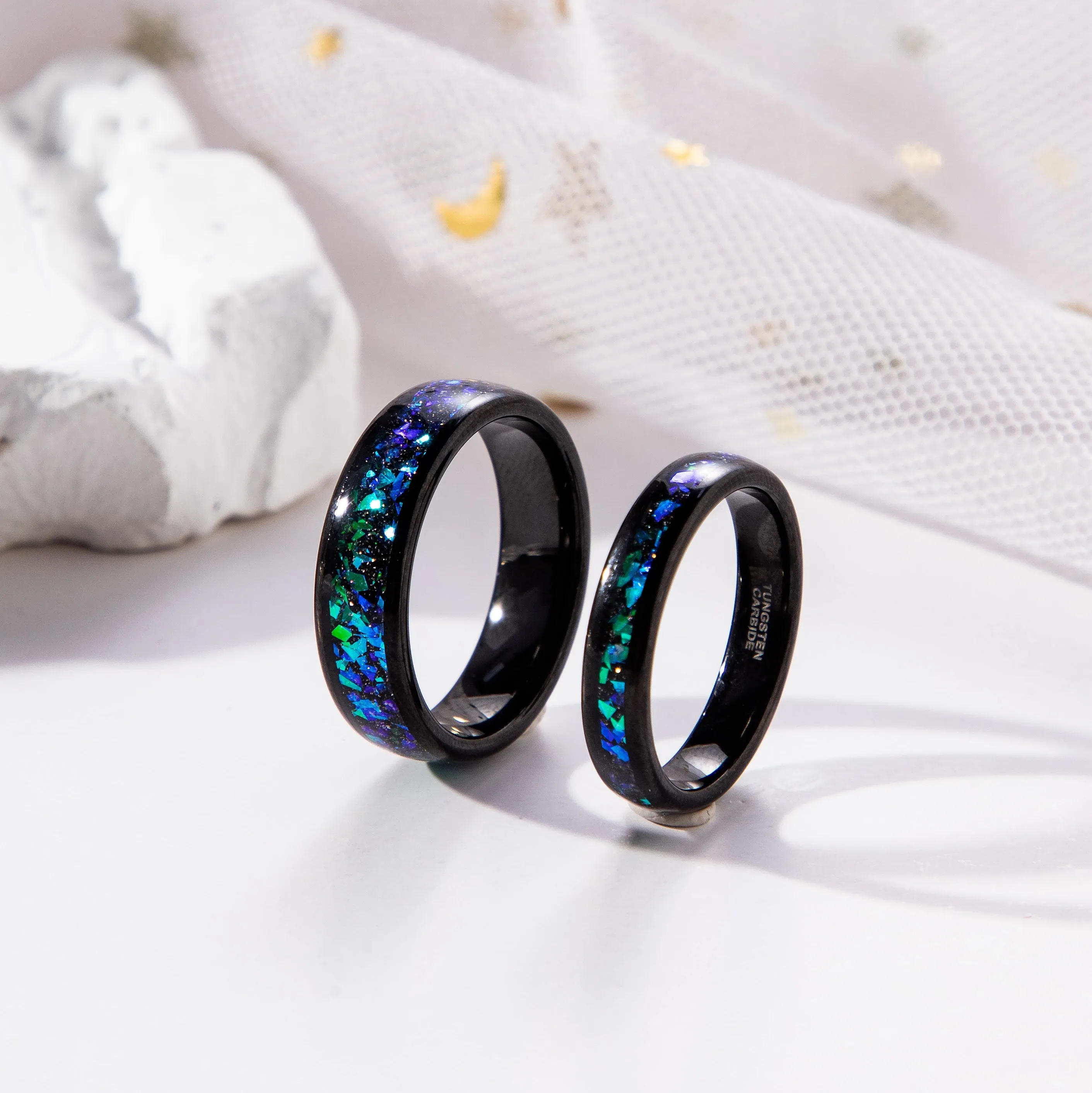 The Cosmira - Black Sandstone & Crushed Opal Meteorite Couple Ring Set