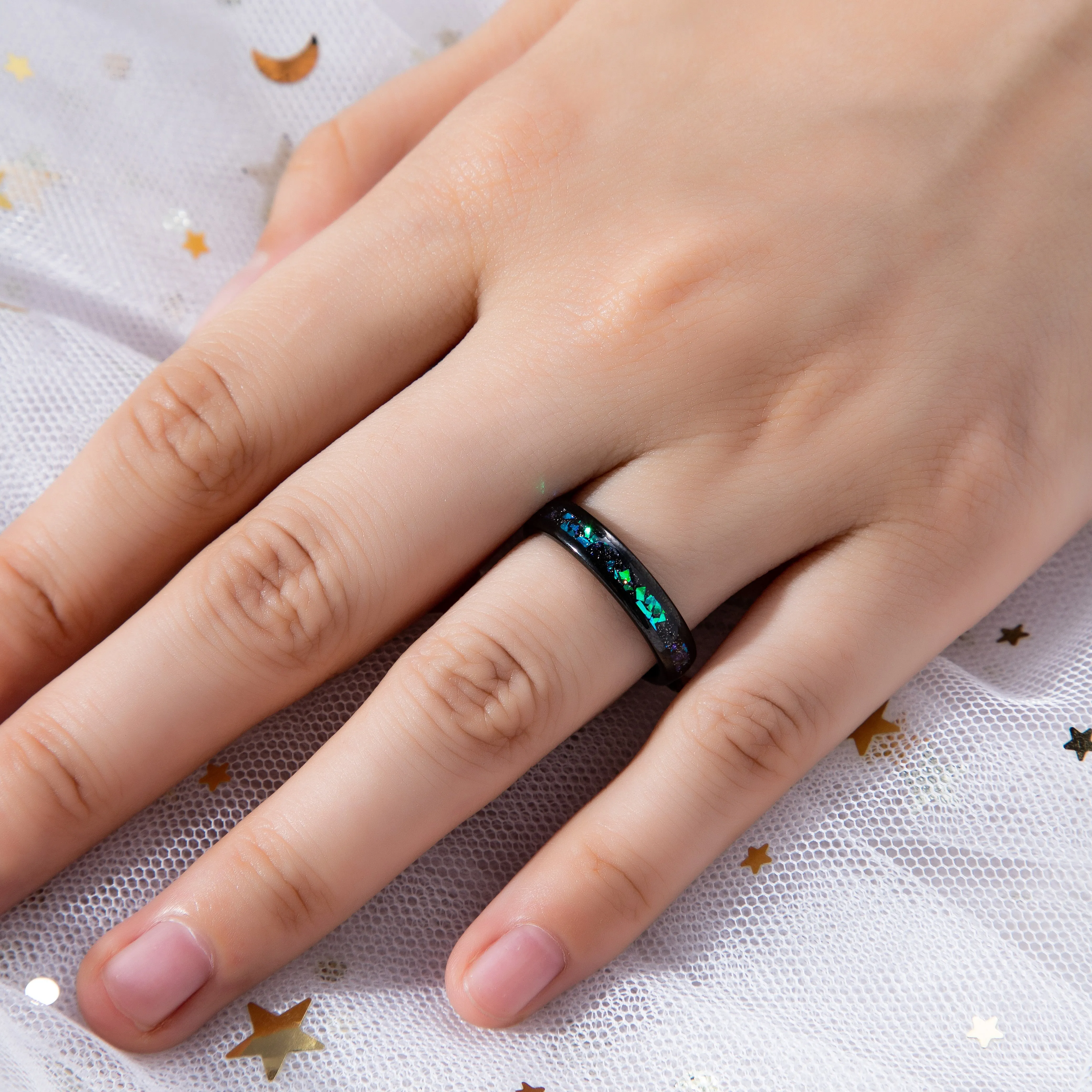 The Cosmira - Black Sandstone & Crushed Opal Meteorite Couple Ring Set