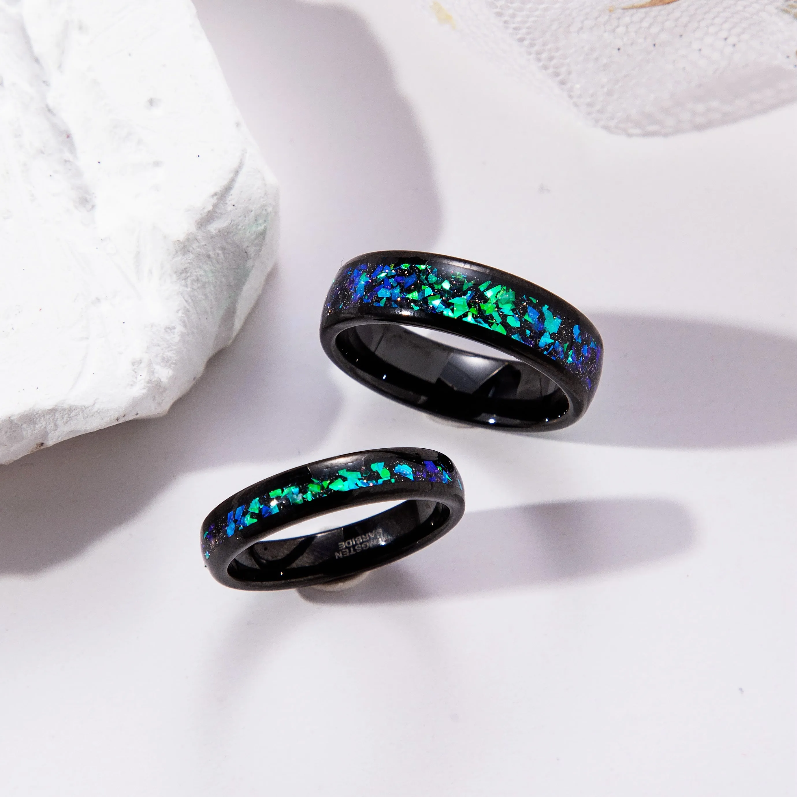 The Cosmira - Black Sandstone & Crushed Opal Meteorite Couple Ring Set