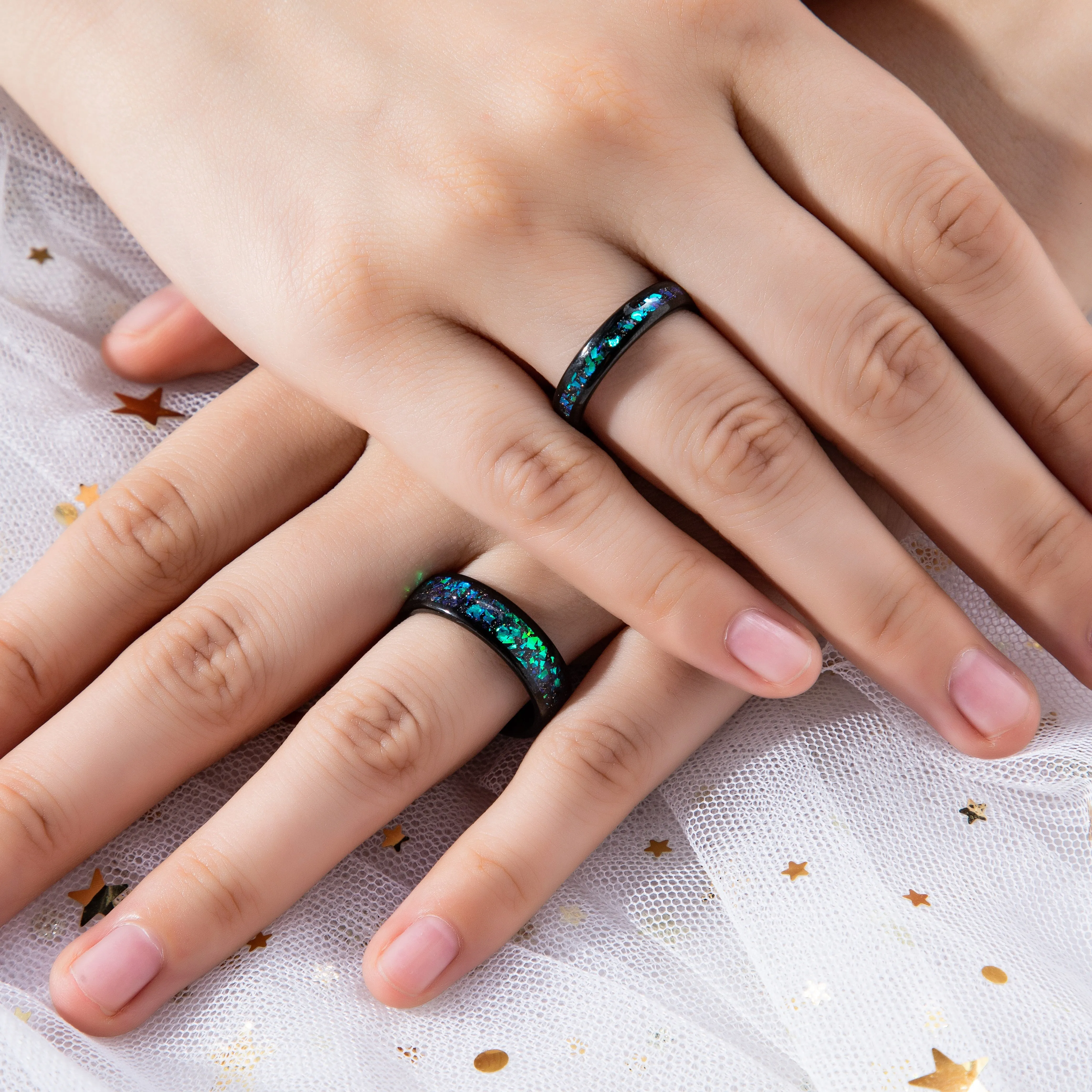 The Cosmira - Black Sandstone & Crushed Opal Meteorite Couple Ring Set