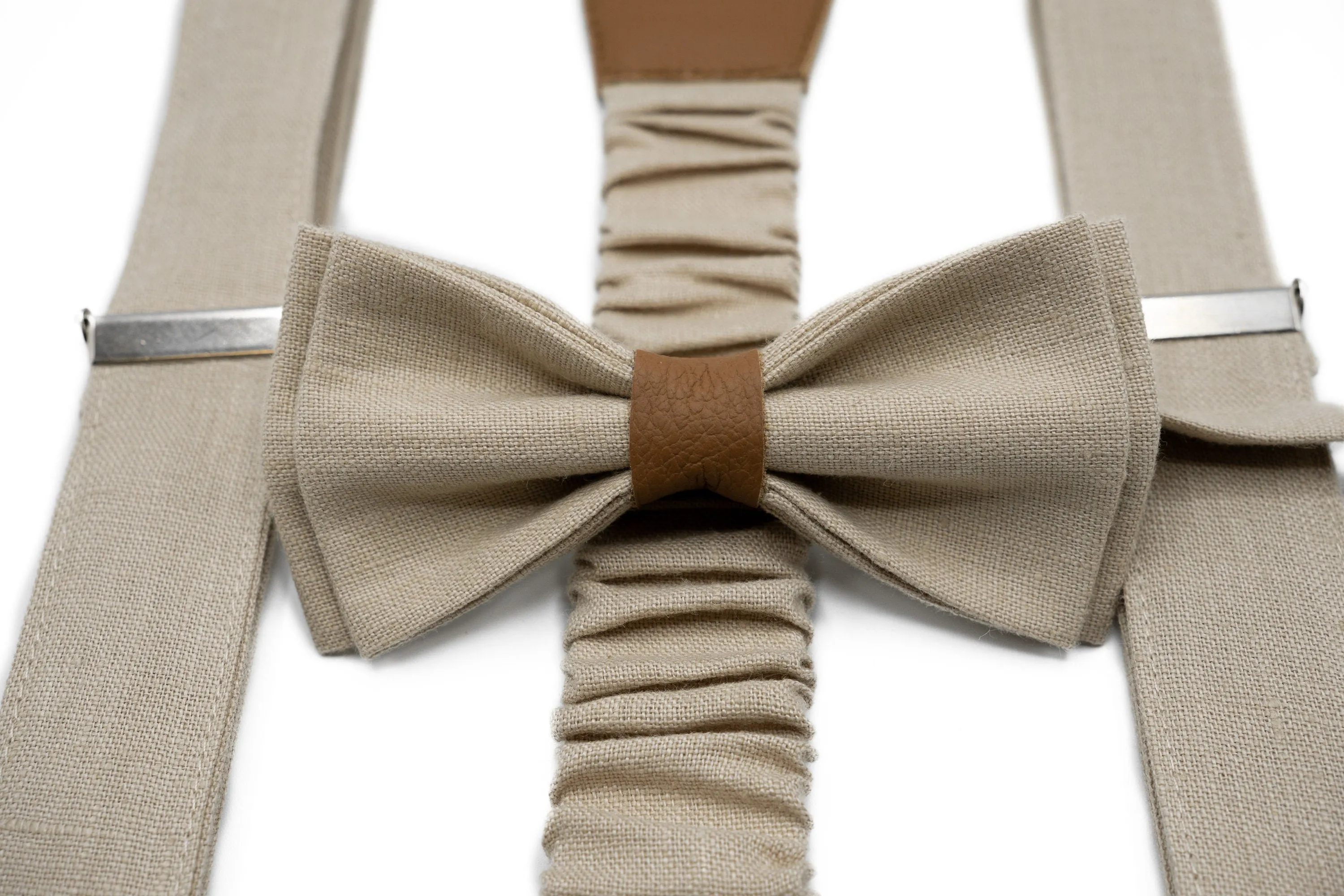 Wedding Suspenders and Bow Tie Collection - Beige Linen, Groomsmen Gifts, Mens & Boys Sizes