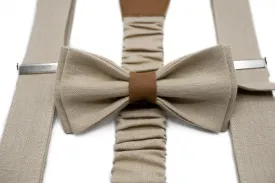 Wedding Suspenders and Bow Tie Collection - Beige Linen, Groomsmen Gifts, Mens & Boys Sizes